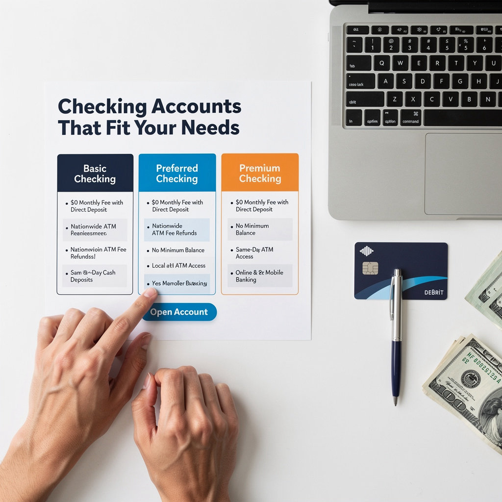 A banking website checking account options and fee structures for deposits and withdrawals in Dallas, TX